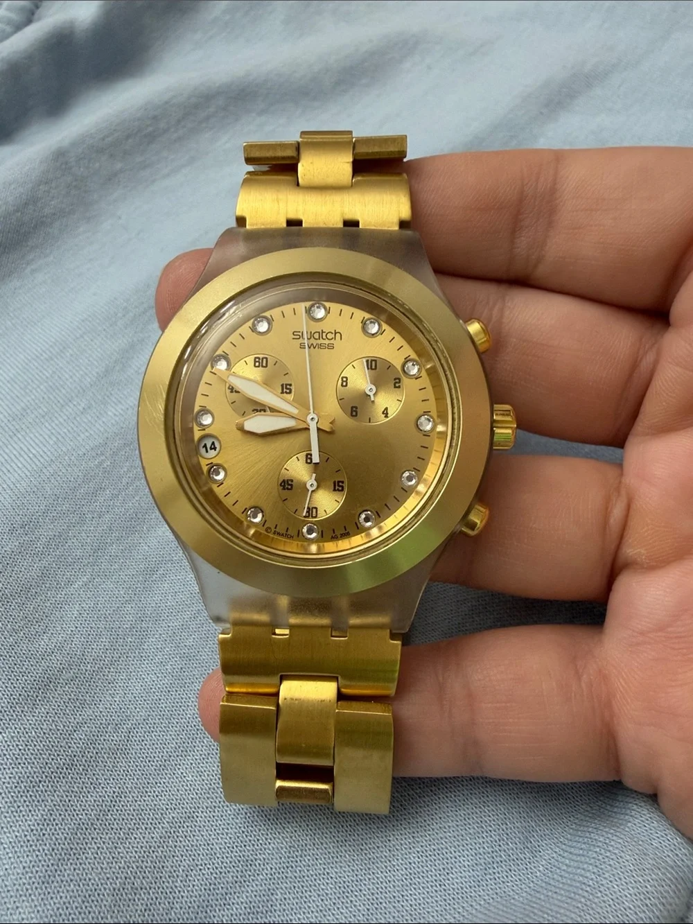 Swatch Irony Diaphane Gold-Tone Chronograph Watch with Metallic Gold Dial
